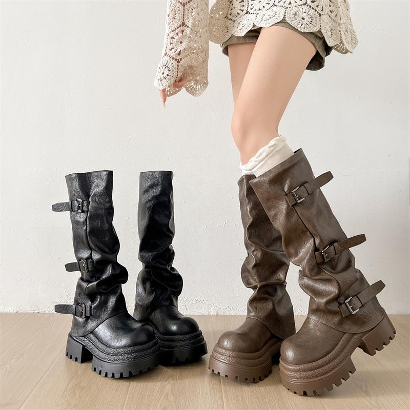 Retro black British platform boots women's boots 2025 new autumn with skirt thin knight boots