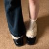 French medium heel square head fluffy shoes one pedal retro plush warm Mary Jane small leather shoes cotton shoes thick heel single shoes