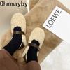 2024 Spring Lambhair Women Ballet Laofer Flat Shoes Shallow Slip On Ladies Fur Mary Jane Shoes Soft Outdoor Granny Shoes