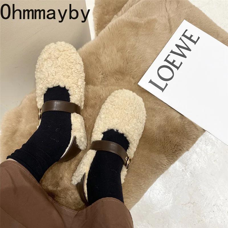 2024 Spring Lambhair Women Ballet Laofer Flat Shoes Shallow Slip On Ladies Fur Mary Jane Shoes Soft Outdoor Granny Shoes