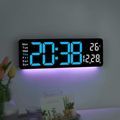 LED Large Digital Wall Clock Remote Control Temperature Date Display Ambient Light 10 Level Brightness Adjustment Alarm Clock