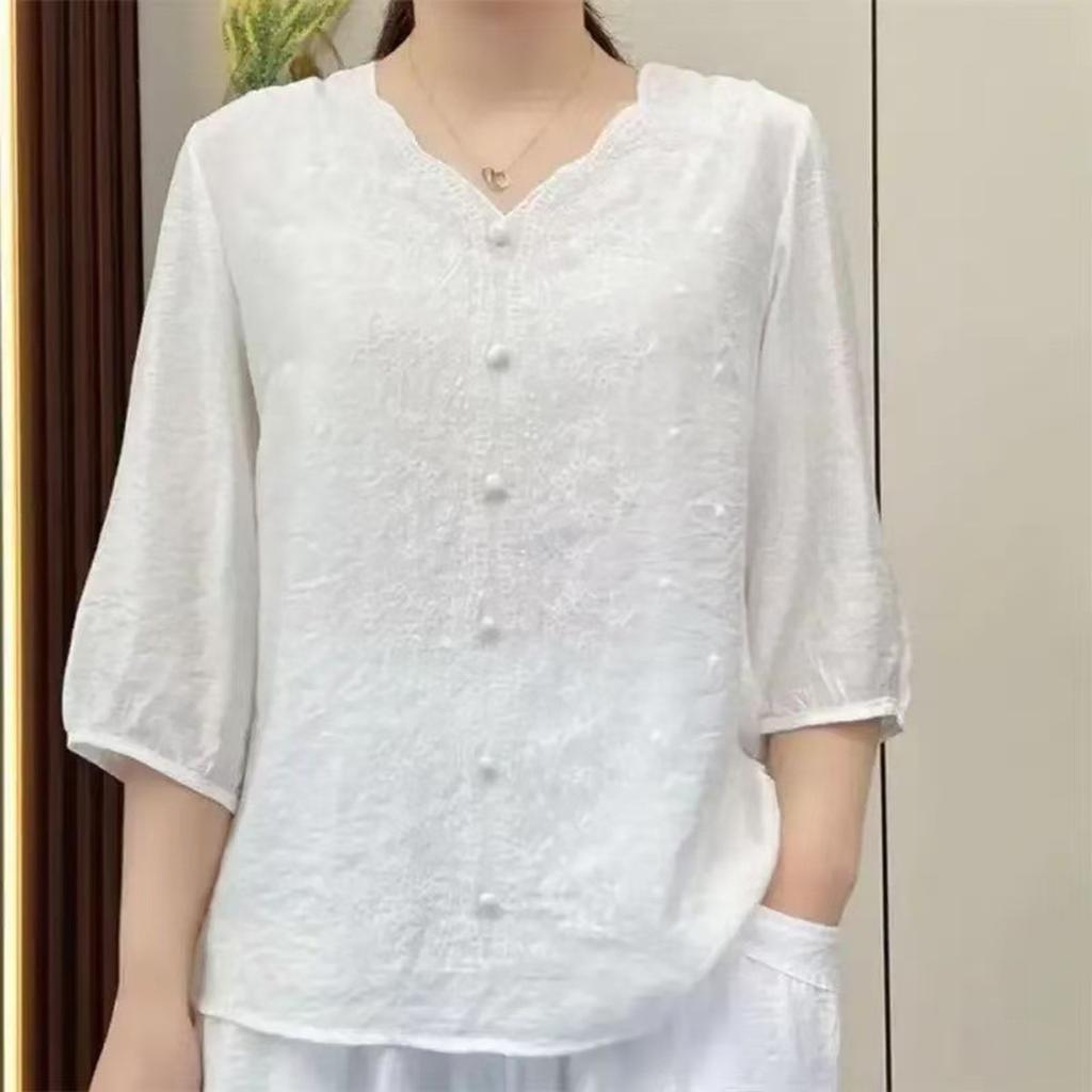 Women's Cotton And Linen V-neck Short-sleeved Fashionable Casual Loose Plus-size Top