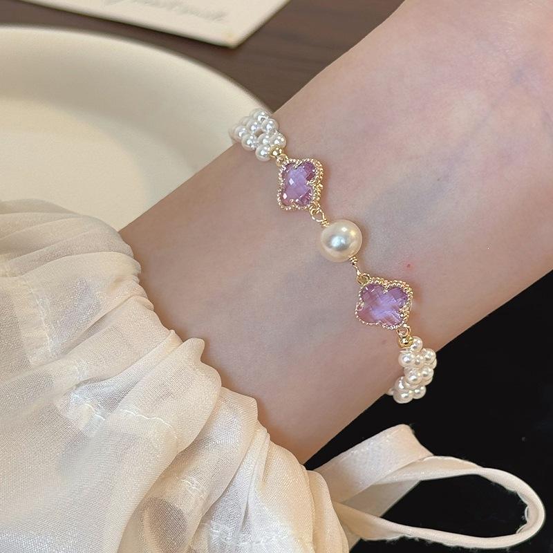Alocasia Love|Shijia Pearl Bracelet Purple Four-Leaf Clover Bracelet Light Luxury Niche Exquisite Friendship Jewelry Purple four-leaf clover b