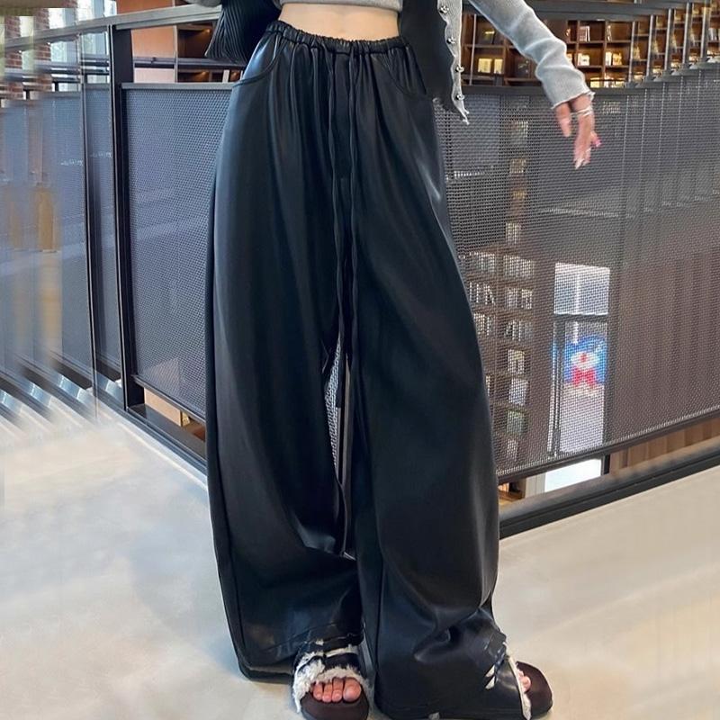 Black Leather Pants, Wide Leg Pants, Women's 2025 Autumn Winter , Matte PU Leather Casual Pants, Loose Straight Leg Floor Pants