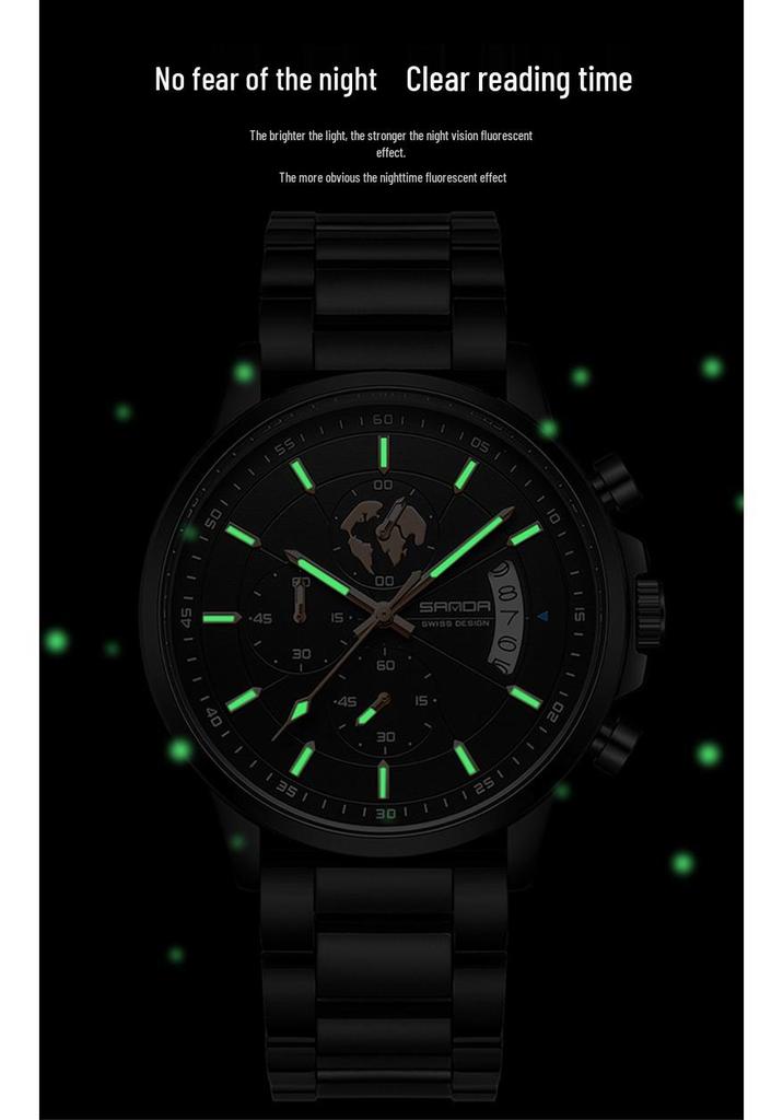 Sanda Men's Luminous Waterproof Quartz Watch with Three Subdials, Six Hands, and Calendar