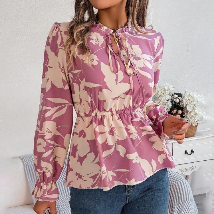 Women Long Sleeve V-Neck Blouse Feather Print Top Spring Autumn Fashion Temperament Shirt