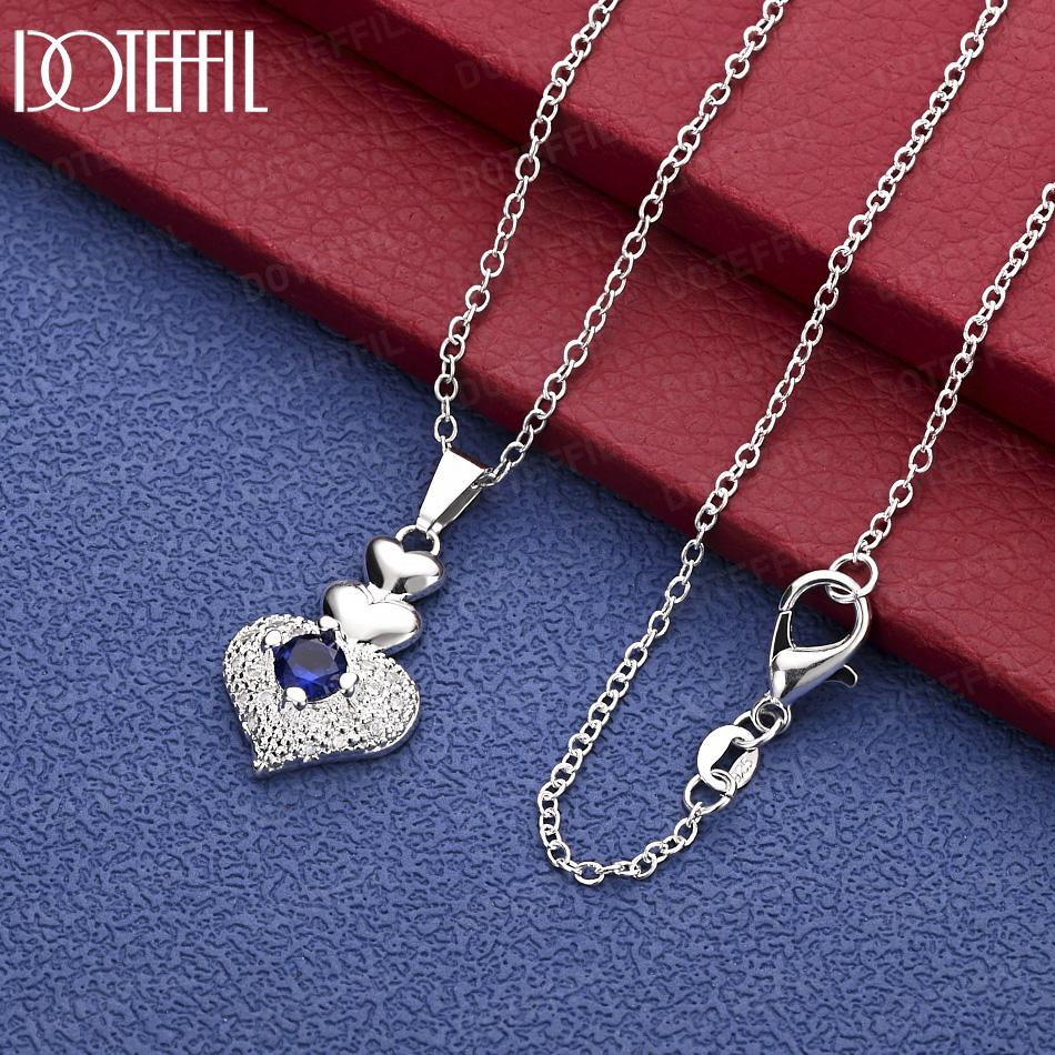 925 Sterling Silver Fashion Jewelry Heart-Shaped AAA Zircon Blue Pendant Wedding Necklace