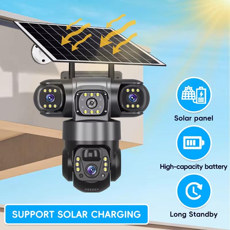 LS VISION 4G 12MP Solar Camera Sim Card 3 Lens Outdoor Surveillance Waterproof PIR Human Detect CCTV Night Vision PTZ Cam Built in Battery