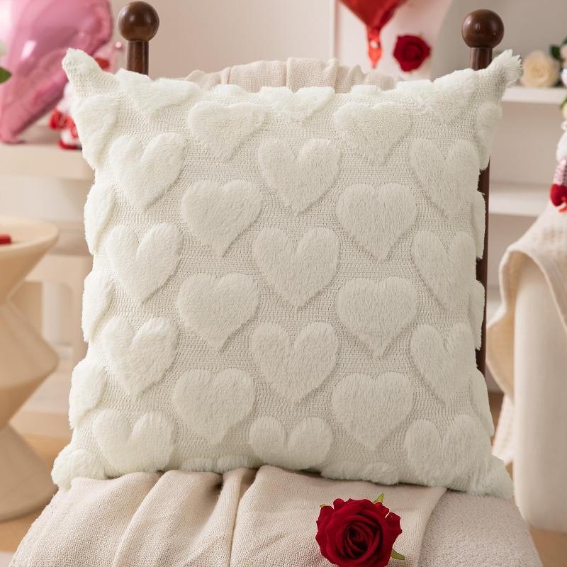 Valentine's Day Plush Pillow Cover with Heart Embroidery Jacquard Cushion for Sofa Living Room Decor (Pillow Not Included)