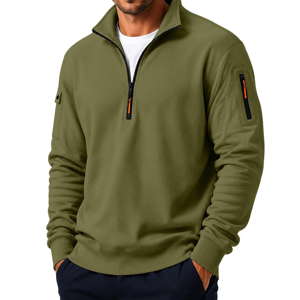 Men's Casual Quarter-Zip Sweatshirt with Stand Collar, Loose Fit and Multiple Pockets for Fall and Winter
