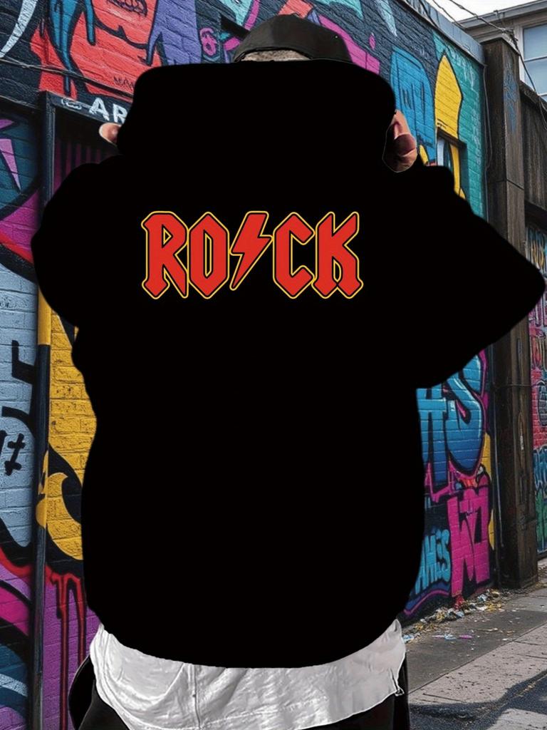 Black Hoodie with Bold "ROCK" Band Graphic - Casual & Trendy Long Sleeve Pullover