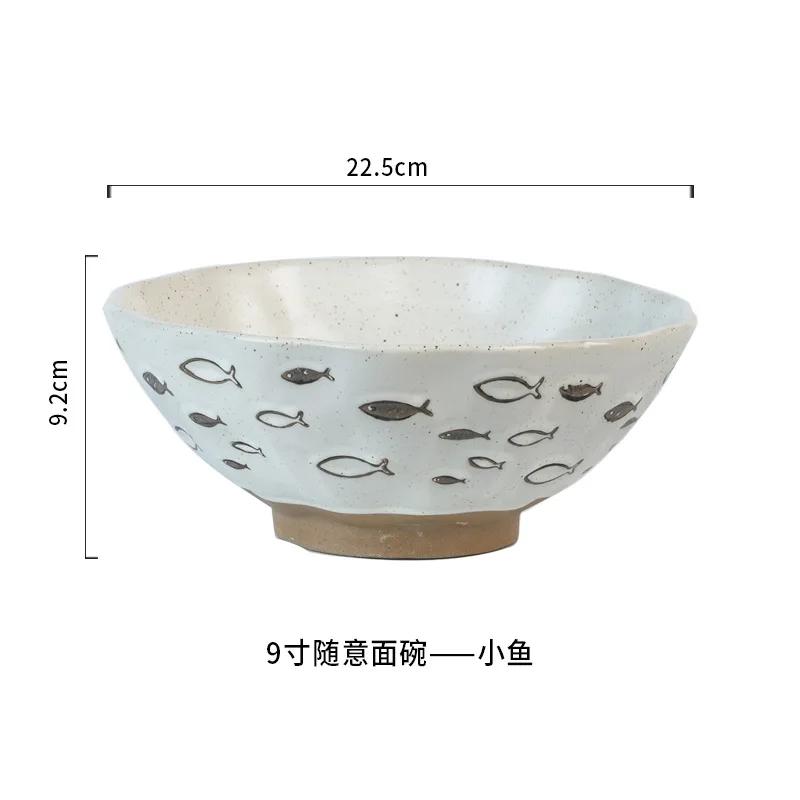 Coarse Pottery Bowl, Retro Ceramic Tableware, Underglaze Colored Noodle Bowl, Lace Soup Bowl, Household Hat Commercial Ramen