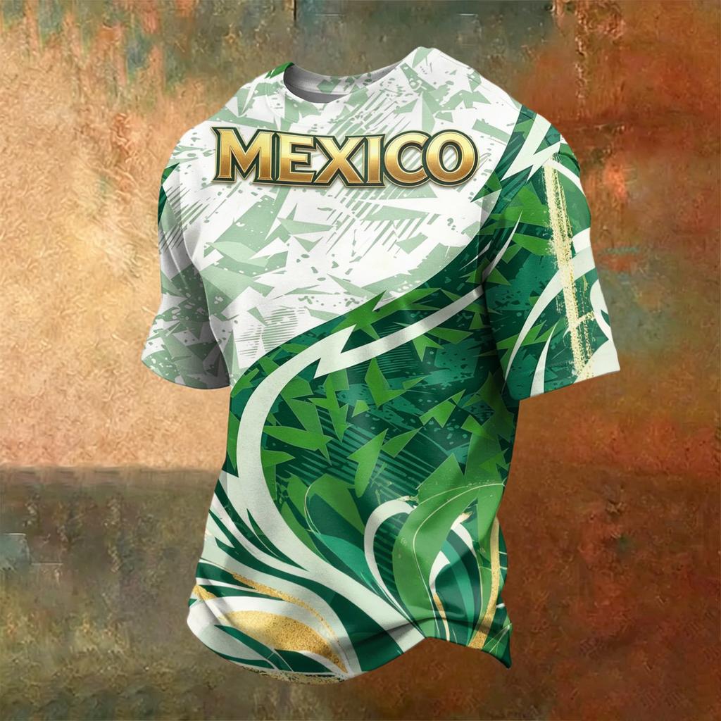 Men's Short Sleeve T-Shirt with Graphic Print, Lightweight Breathable Round Neck Top, Casual Everyday Wear - Mexico Flag Letter Design