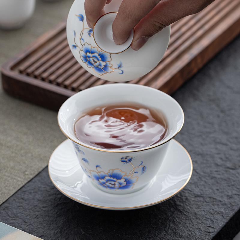 Porcelain Kung Fu Ceramic Gaiwan Tasting Household Simple Blue and White Tea Cup Gift Box Set Customizable Log