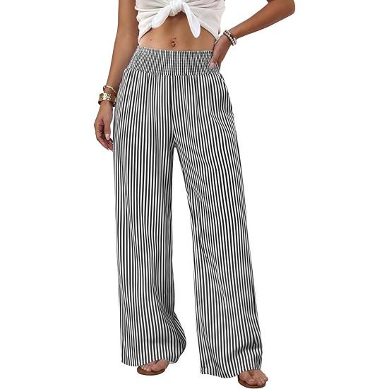 Women Wide Leg Pants Striped Pants, Summer Elastic Waist Casual Soft Lounge Trousers, Breathable Loose Fit Palazzo with Pockets