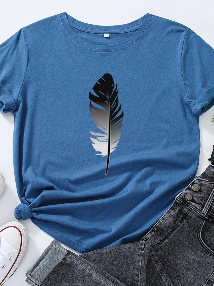 Black Feather Print T Shirt Women Short Sleeve O Neck Loose Tshirt Summer Women Tee Shirt Tops Camisetas Mujer