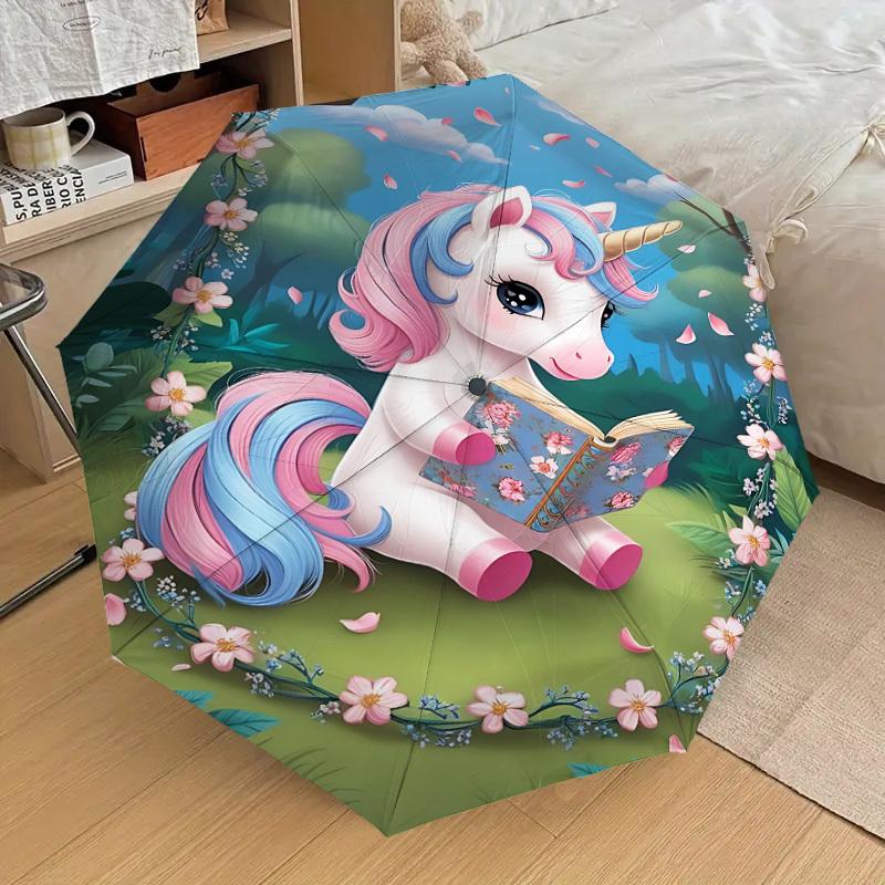 1PC unicorn, flowers Automatic Open/Close Umbrella with Windproof, 8-Rib Sturdy Canopy, Durable Ribs, Fashionable Design, Outdoor Accessory, Fun Prin,