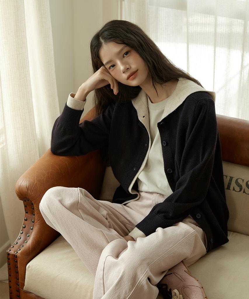 ENNITTUDE Wool Blend Hooded Layered Cardigan