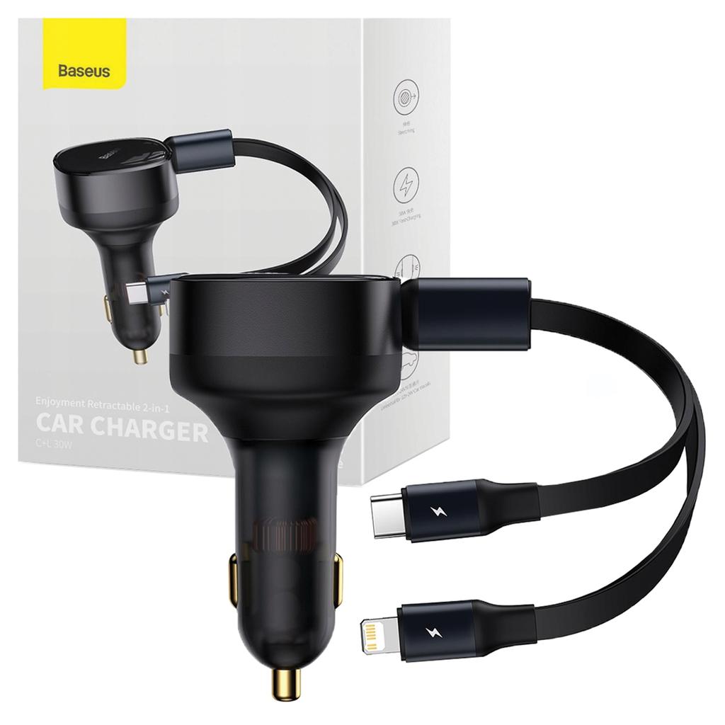 Ładowarka Samochodowa Baseus Enjoyment Z Kablami Usb-C + Lightning 3A, 30W (Czarna)