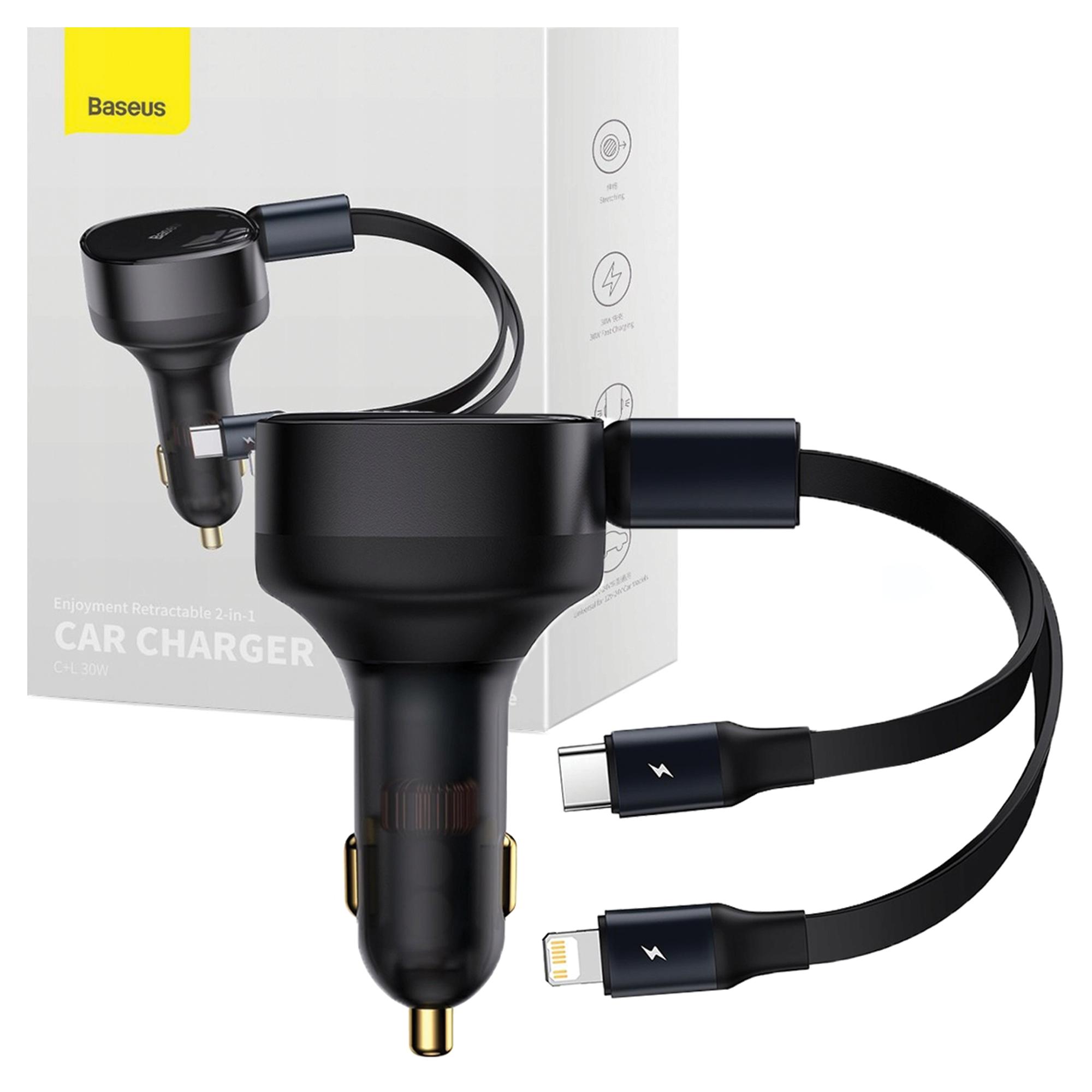 Caricabatteria per auto Baseus Enjoyment con cavi USB-C + Lightning 3A, 30W (Nero)