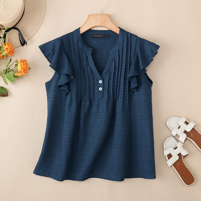 ZANZEA Women Casual V-Neck Ruffles Short Sleeve Blouse