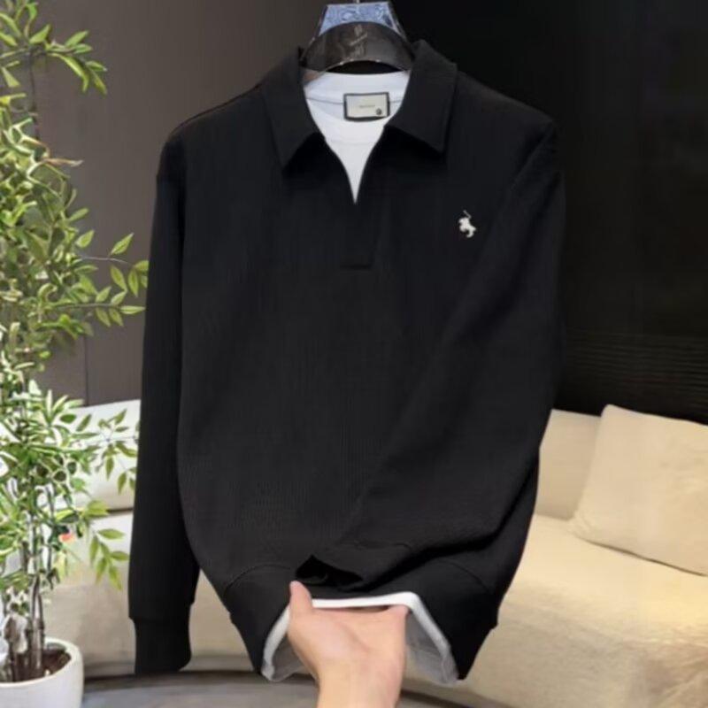 

2025 Чоловіча Худі-Поло в Гонконгському Стилі з Вишивкою Бойовий Кінь та Кольоровими Блоками XXXL чорний