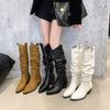 Women High Boots Pleated Knee High Heeles Shoes Sexy Pointed Toe Chunky Chelsea Boots 2025 Designer Winter New Pumps