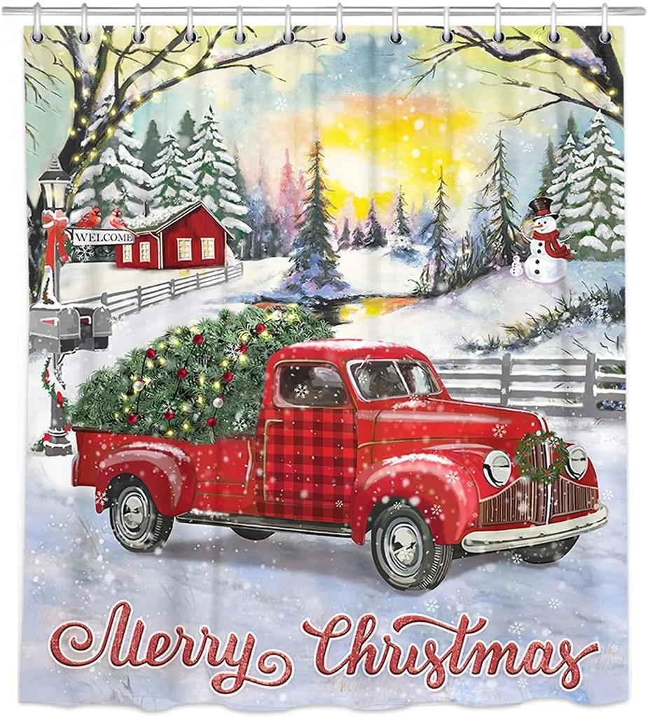 Merry Christmas Shower Curtain Waterproof Red Car with Christmas Tree Bathroom Curtains Snow Xmas Bathroom Decor Set With Hooks