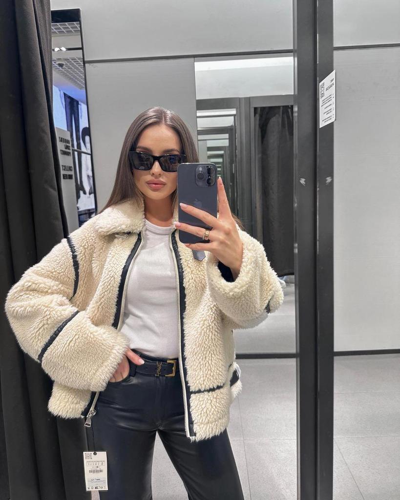 Europäisch-Amerikanischer Damen-Motorradmantel aus Lammwolle & Leder - Herbst/Winter 2023 Edition