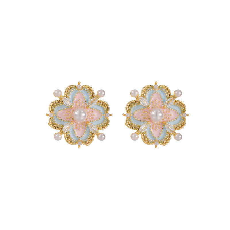 French Court Style Colored Enamel Glaze Double-layer Flower Stud Earrings Retro Pearl Design Earrings Monet Garden Decoration