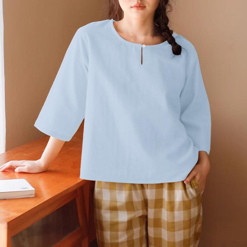 ZANZEA Women Casual Round Neck Solid Color 3/4 Sleeve Blouse