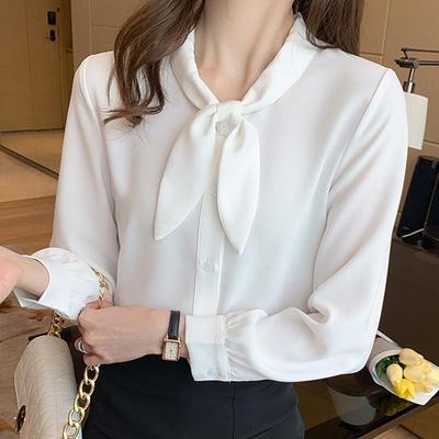 2025 Spring Women Blouses Shirts Long Sleeve Bow Collar Office Lady White Chiffon Blouse  Shirt Women Tops J769