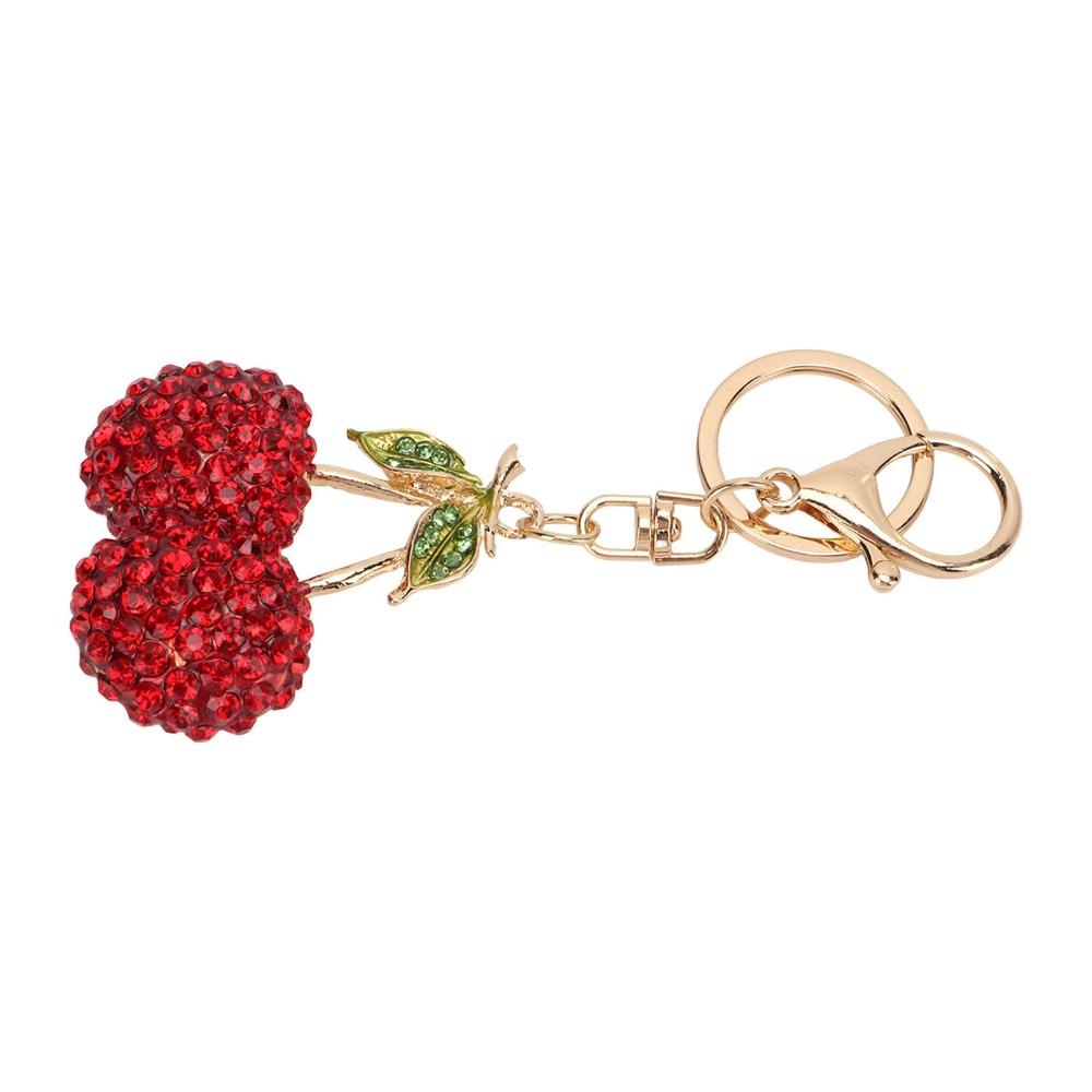 2pcs Sparkling Finish Cherry Keychain Red & Pink Key Ring Pendant Fruit Bag Charm  For Car Accessory