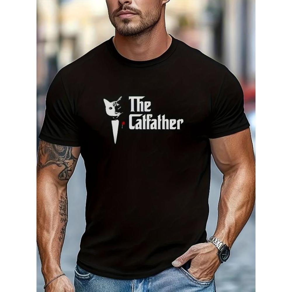 

European Sizes Men s Funny Cat Dad T-Shirt - Graphic Tee with Red Accent - Soft Polyester Casual Shirt - Machine Washable Novelty Top for Cat Lovers S