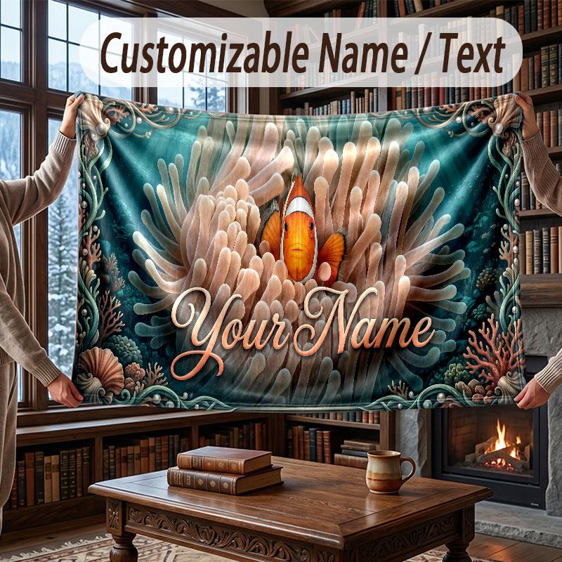 Octopus Sea Life Theme Throw Blanket Custom Name Text Personalized Blanket Soft Cozy Blanket for Home Sofa Bed