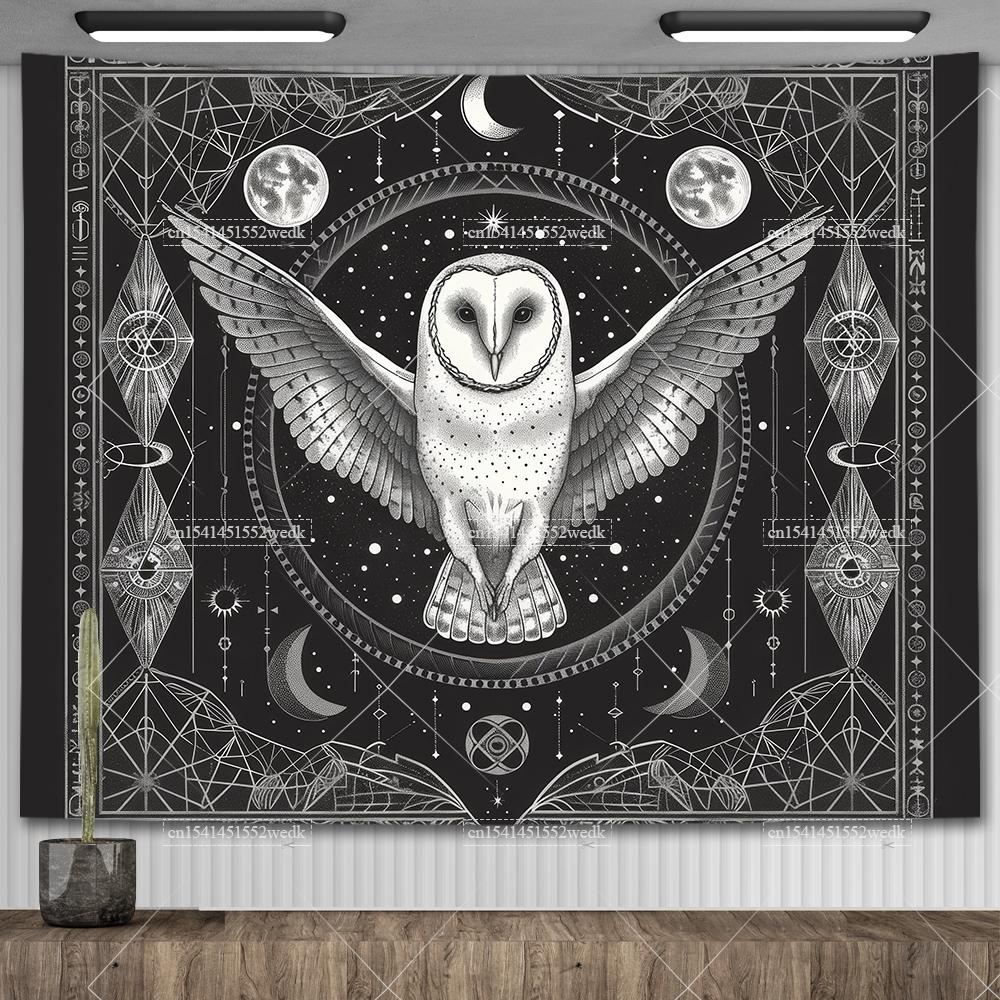 Lunar Sentinel Owl Tapestry Celestial Medieval Tapestrys Aesthetic Room Decor Witchy Occult Altar Cloth Tarot Background Cloths