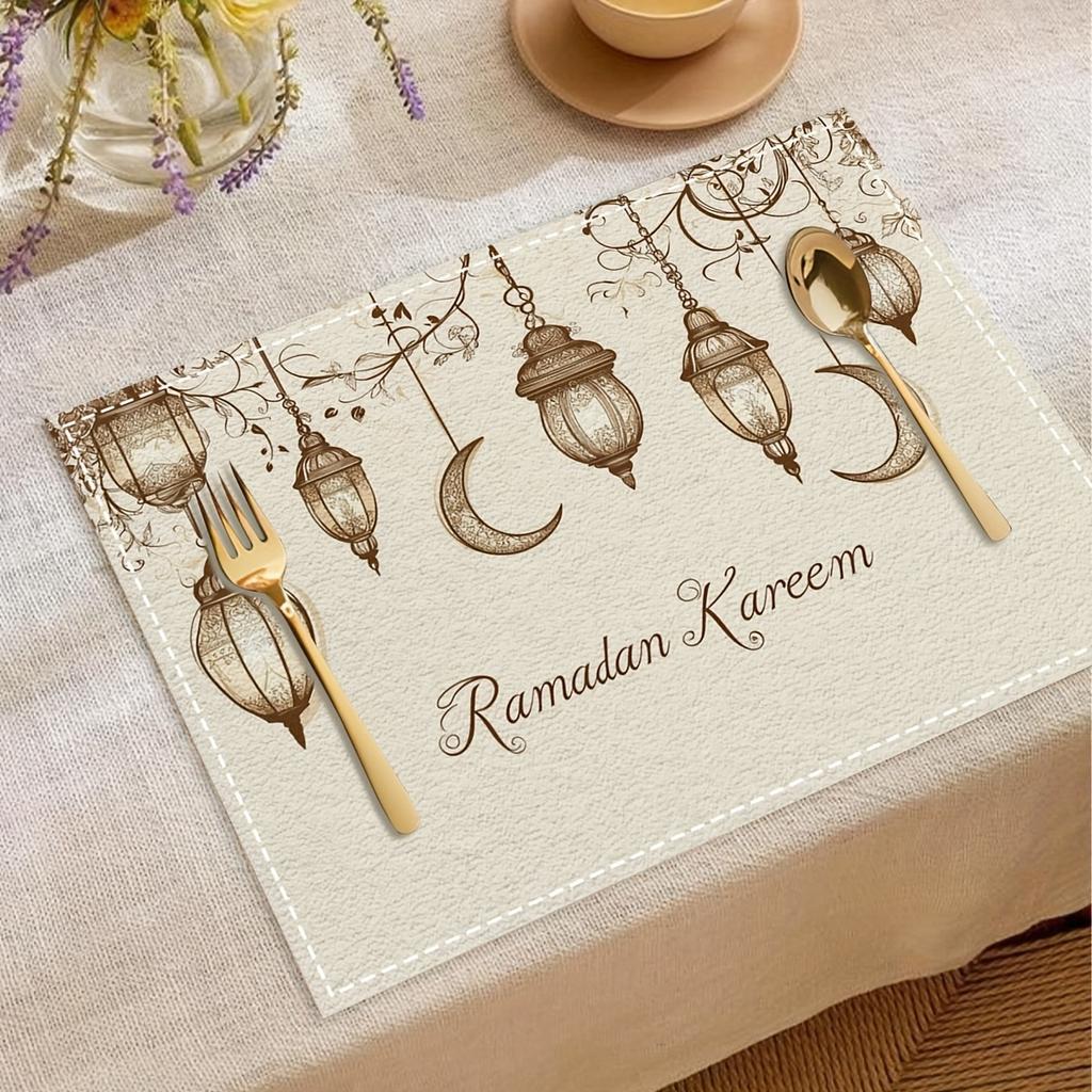Set of 4 Ramadan Kareem Lanterns Featuring a Moon Design, These Placemats Are Machine Washable, Heat Resistant, And Easy to Clean