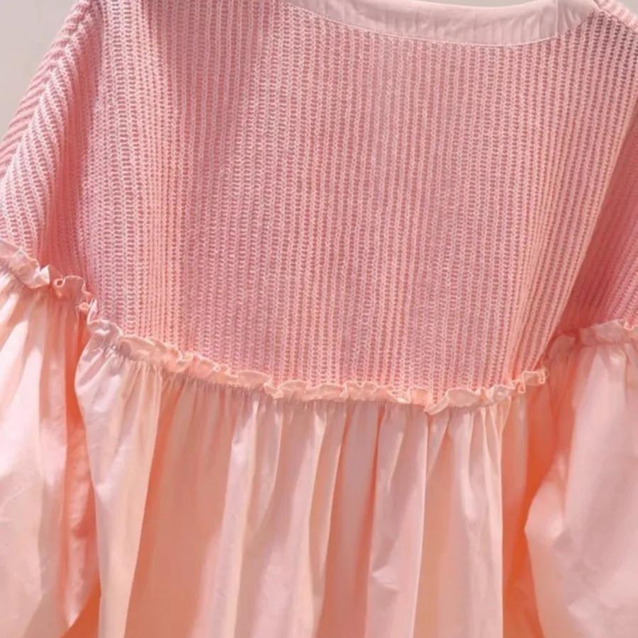 Women's Summer Loose Sweet Patchwork Shirt with Ruffled Lantern Sleeves