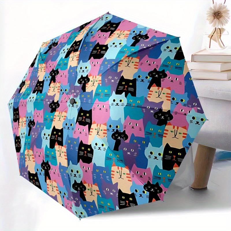 1pc Colorful Cats Pattern Automatic Open/Close Umbrella, Umbrella with cartoon Design, Portable Compact Umbrella for Men & Women, Good Holid
