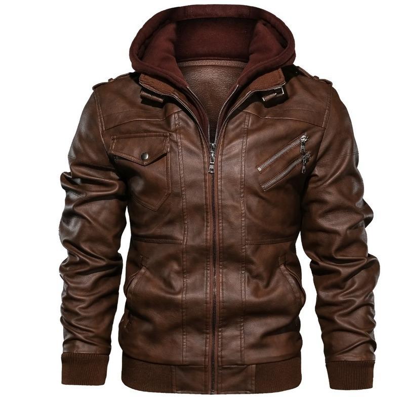 PU Leather Jackets Men Leather Jacket Warm Autumn Winter Windbreaker Overcoat PU Biker Jacket Coat with Hood Fashion Casual Jacket Male Clothes