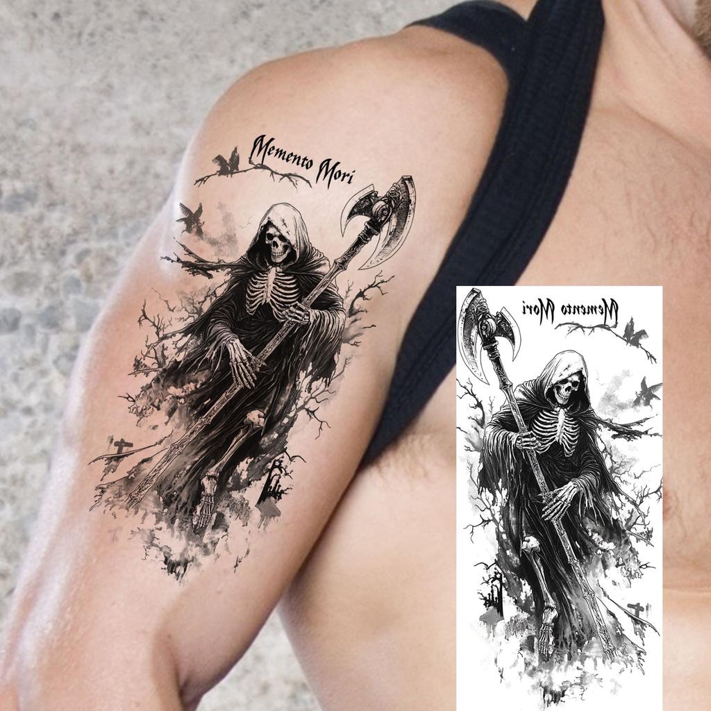 1 Blatt Gruseliger Sensenmann Totenkopf Temporäre Tattoos Halloween Tattoos Langlebig Wasserdicht Tiger Wolf Bestie Fake Tattoo Aufkleber