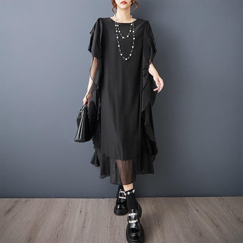 Rochie neagră vintage cu mânecă scurtă, mărimi mari, nouă, pentru femei, casual, largă, lungă, de vară