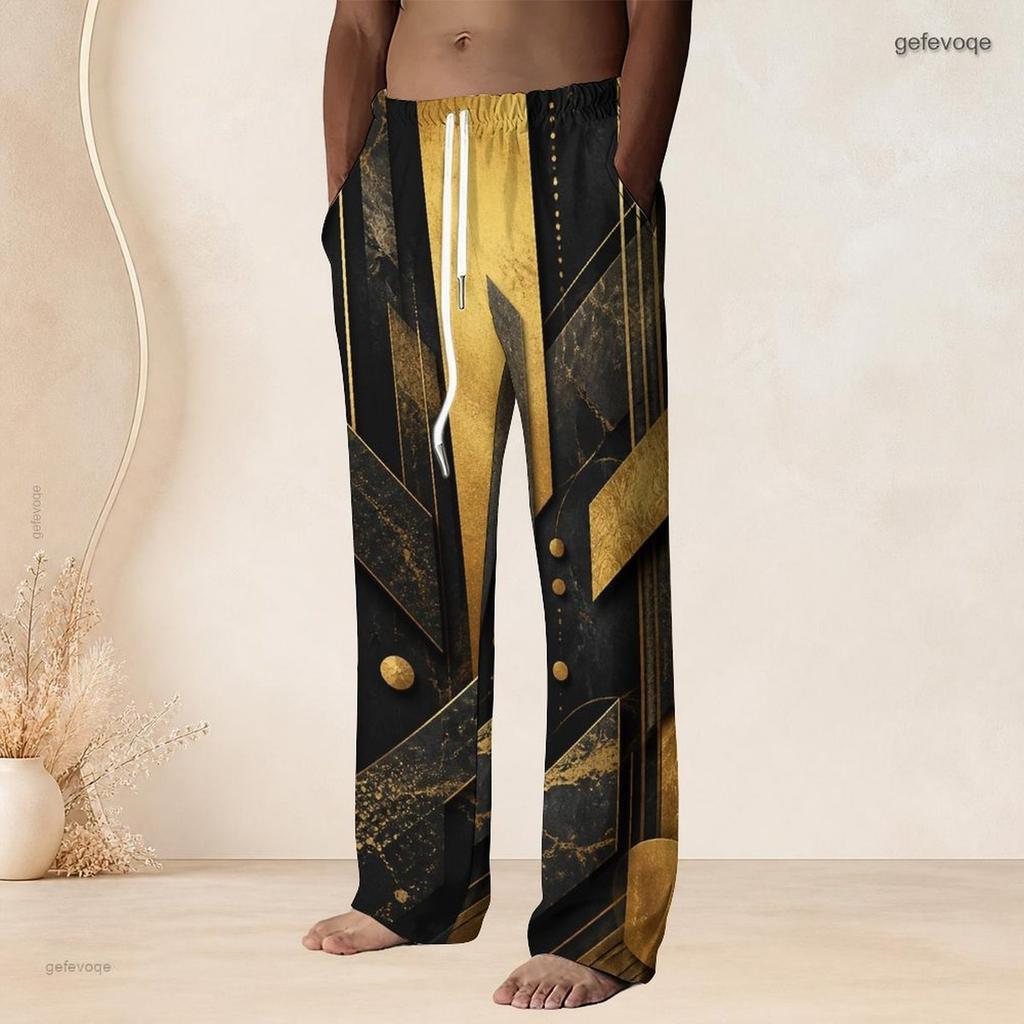 Men S Plus Size Drawstring Waist Geometric Printed Black Gold Silver Straight Leg Full Length Beach Pants
