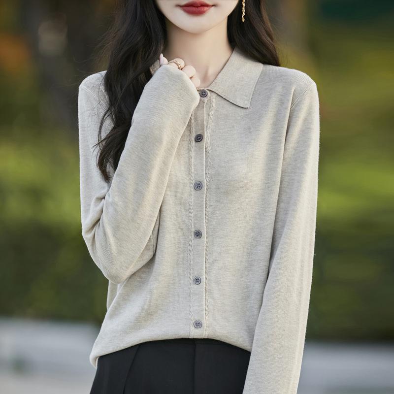 Women's Spring 2025 Lapel Cardigan Sweater - Knitwear Shirt Collar Base Layer or Outerwear Top