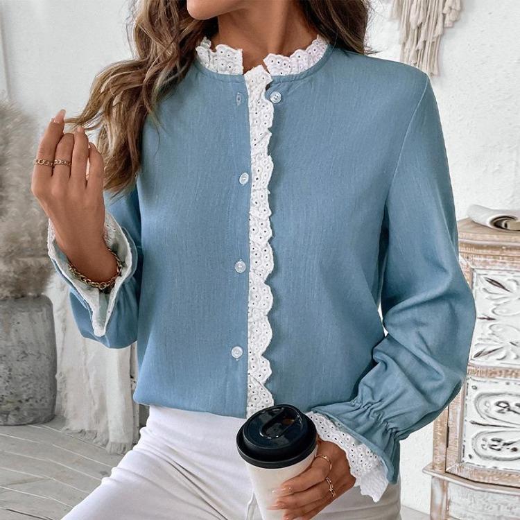 Spring Autumn Elegant Lacework Shirt Top for Women with Ruffles and Lantern Sleeve In Solid Color
