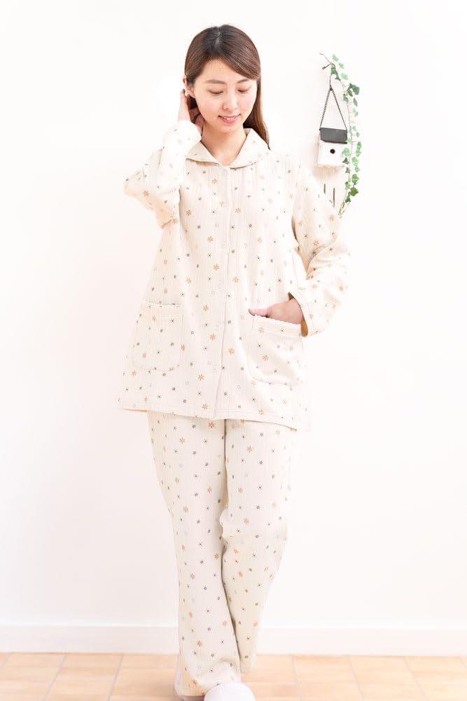 Eye Pajamas with a Crystal Pattern and Cotton Quilted Knit Perfect for 40010 K's Women's Long-Sleeved, Open-Front 100% Fill, Winter, (S, Ivory)