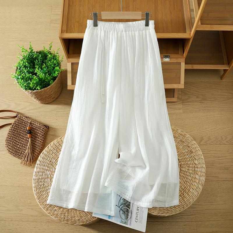 DIMANAF Plus Size 2026 Women Linen Pants Elastic Waist Vintage Basic Lady Solid Lace Wide Leg Long Pants Oversize Loose Tencel