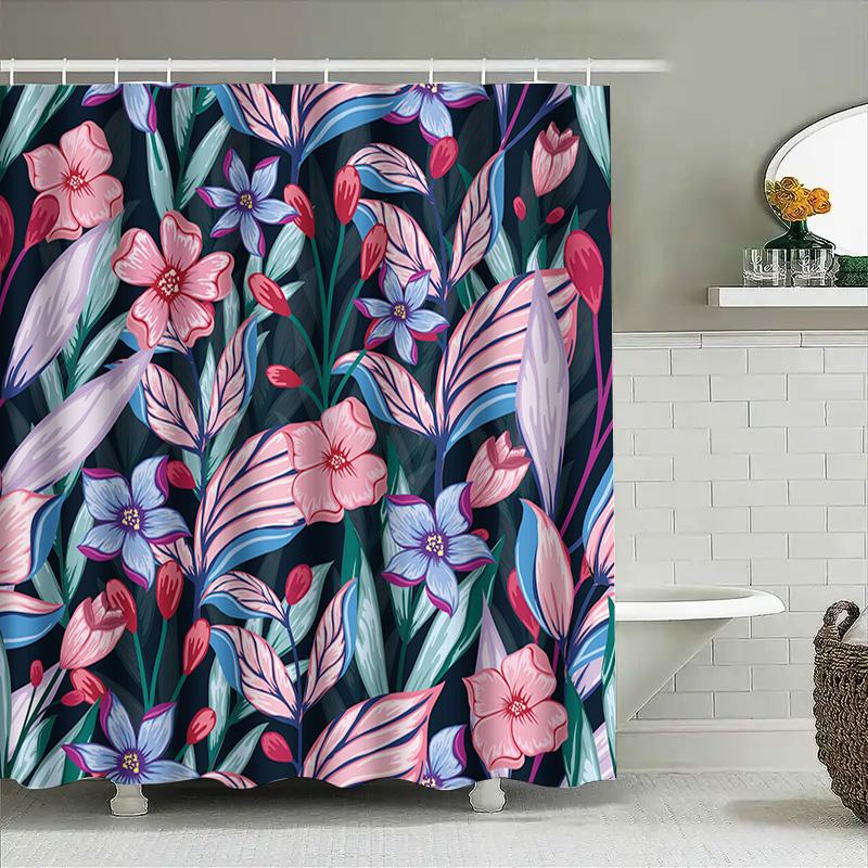 Beautiful Bath Shower Curtain With Floral Print Pink Blue Red White Flowers Waterproof Polyester Fabric Decoration For Bathroom