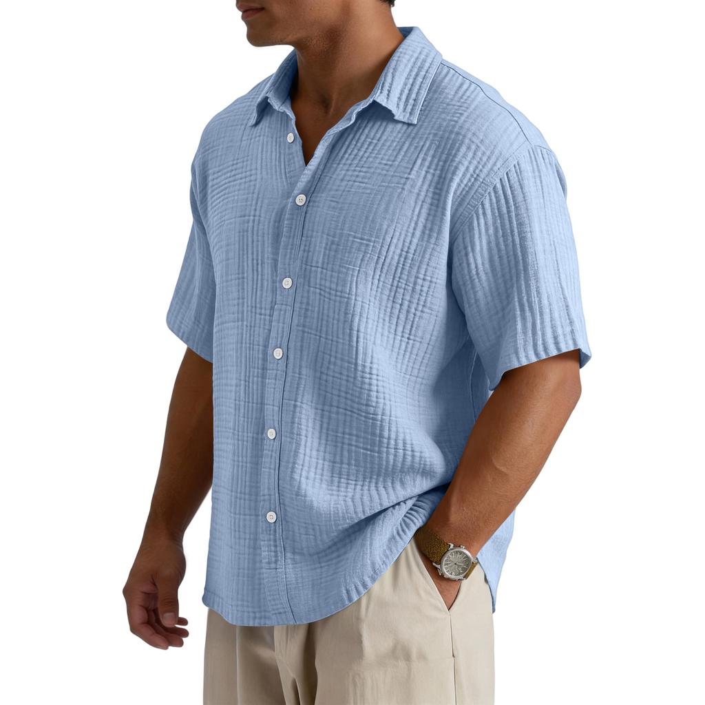 Men’s Loose Fit Casual Cotton Crinkle Texture Shirt Short Sleeve Button Down Collared Top for Everyday Wear