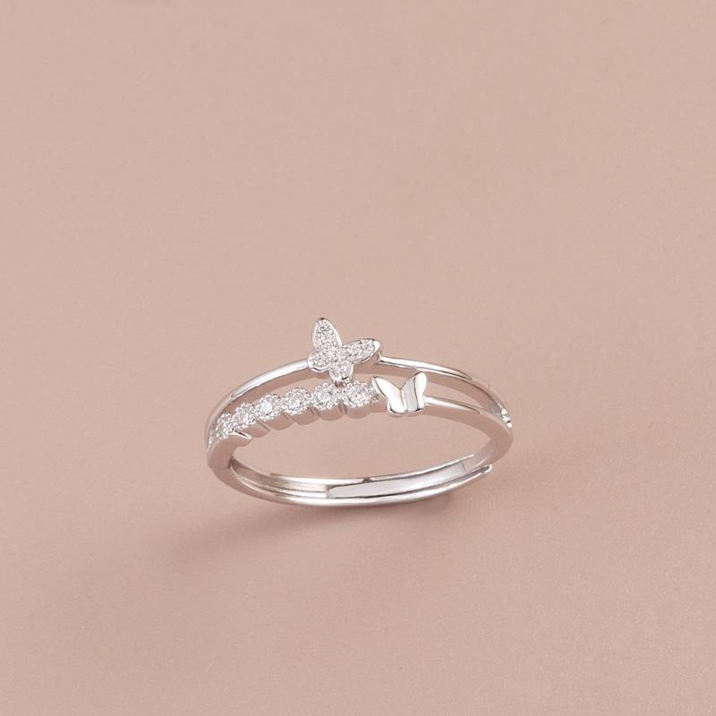 925 Sterling Silver Double Layer Rhinestone Butterfly Ring, Women s Hip Hop Style, Suitable for Index  Pinky Fingers. Adjustable Open